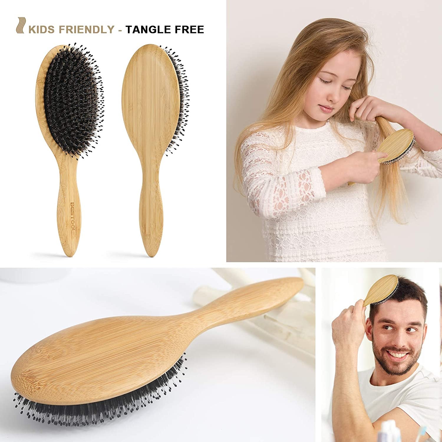 Hair Brush-Boar Bristle Hair Brushes Natural Bamboo Wooden Cushion Massage anti Static Large Paddle Hairbrush for Women Men and Kid (Round)
