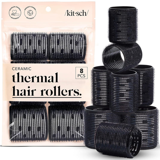 Kitsch Ceramic Hair Rollers for Women - Black, 8 Count (Pack of 1) | Self-Grip Hair Curlers for Heatless Overnight Curls, Frizz-Free Hair Roller, Volumizing Large Rollers for All Hair Types