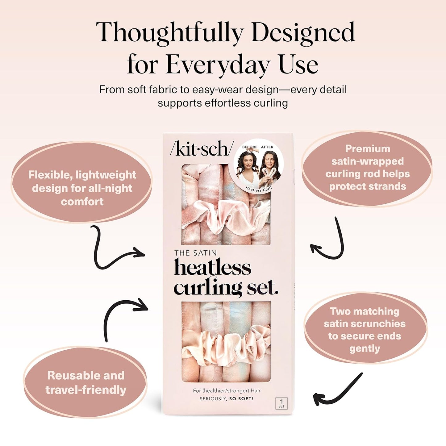 Satin Heatless Curls Overnight Set - Sunset Tie Dye | No Heat Damage Overnight Curls | Comfortable Frizz Free Hair Curlers to Sleep in with 34" Hair Waver & 2 Satin Scrunchies