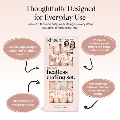 Satin Heatless Curls Overnight Set - Sunset Tie Dye | No Heat Damage Overnight Curls | Comfortable Frizz Free Hair Curlers to Sleep in with 34" Hair Waver & 2 Satin Scrunchies