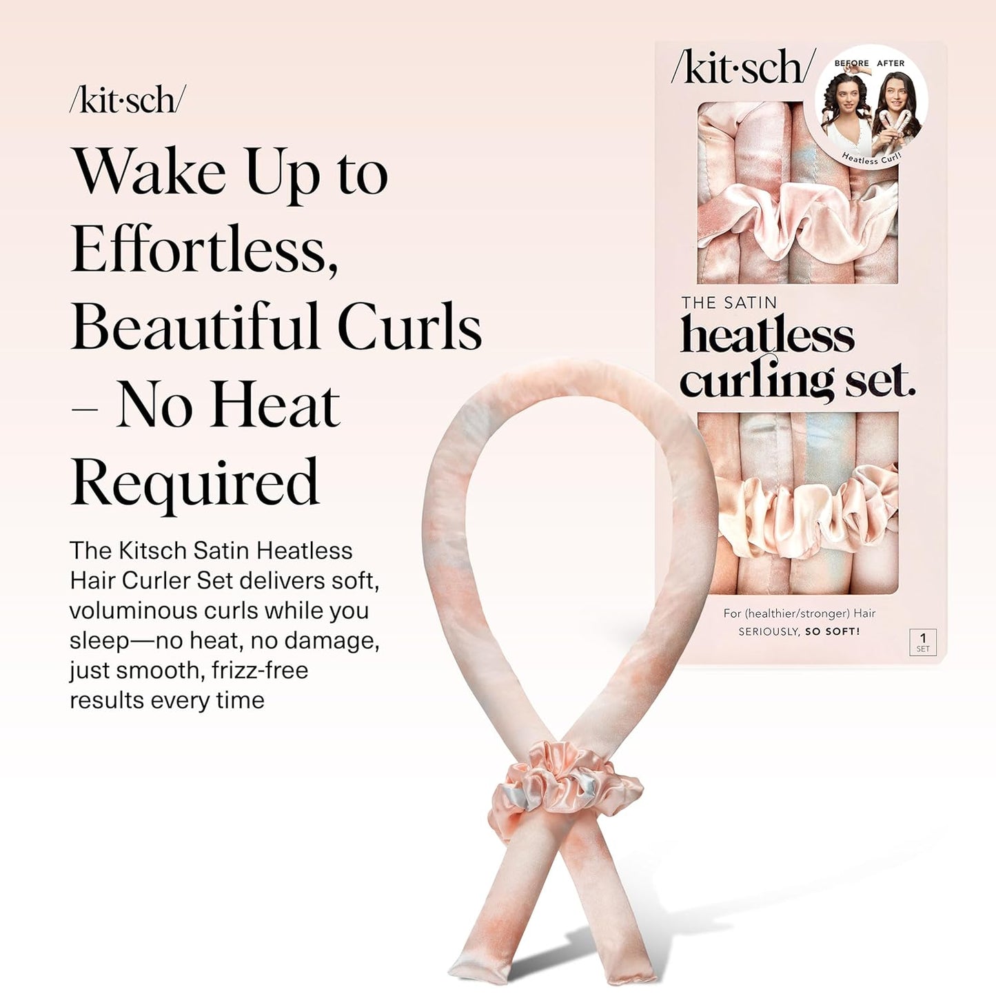 Satin Heatless Curls Overnight Set - Sunset Tie Dye | No Heat Damage Overnight Curls | Comfortable Frizz Free Hair Curlers to Sleep in with 34" Hair Waver & 2 Satin Scrunchies