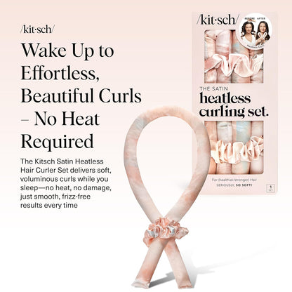 Satin Heatless Curls Overnight Set - Sunset Tie Dye | No Heat Damage Overnight Curls | Comfortable Frizz Free Hair Curlers to Sleep in with 34" Hair Waver & 2 Satin Scrunchies