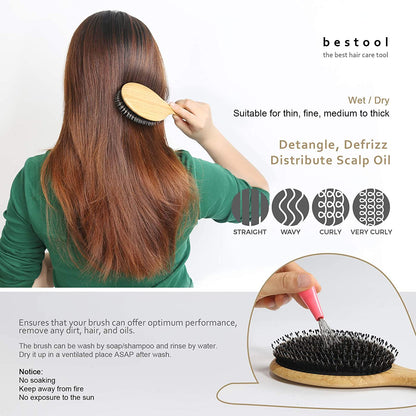 Hair Brush-Boar Bristle Hair Brushes Natural Bamboo Wooden Cushion Massage anti Static Large Paddle Hairbrush for Women Men and Kid (Round)
