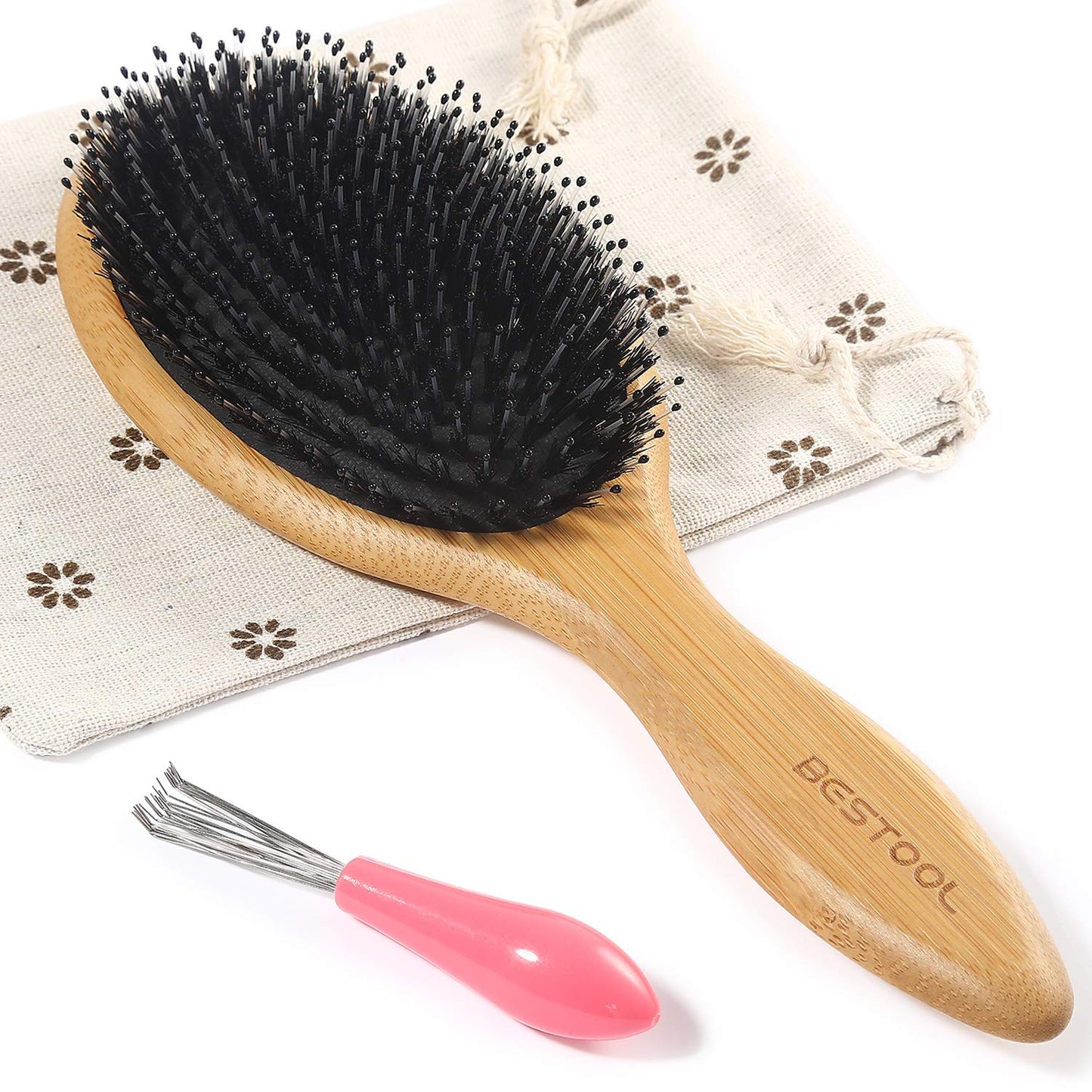 Hair Brush-Boar Bristle Hair Brushes Natural Bamboo Wooden Cushion Massage anti Static Large Paddle Hairbrush for Women Men and Kid (Round)