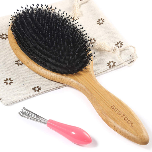 Hair Brush-Boar Bristle Hair Brushes Natural Bamboo Wooden Cushion Massage anti Static Large Paddle Hairbrush for Women Men and Kid (Round)