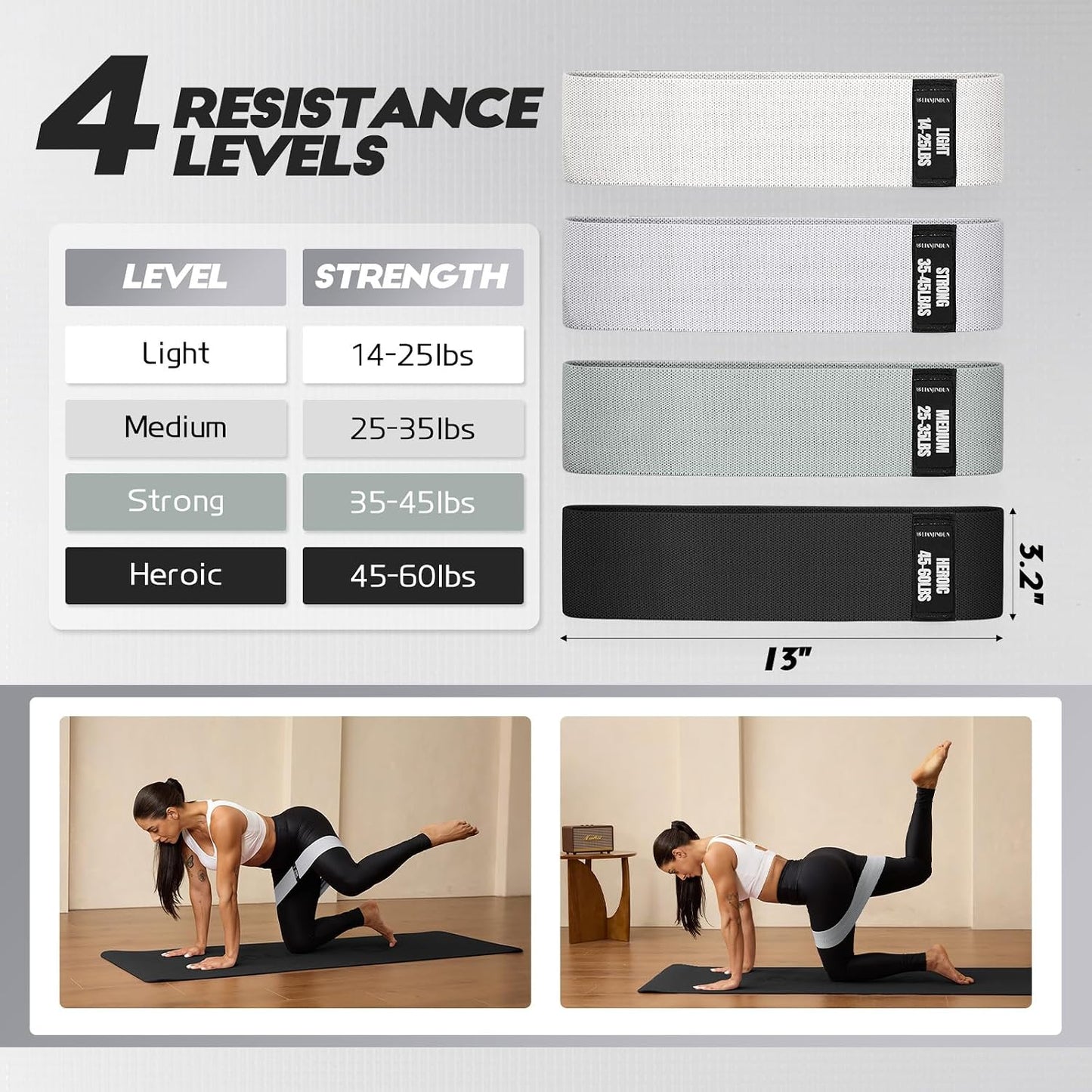 Booty Resistance Bands for Legs & Glutes, Non-Slip Workout Set | Exercise Bands for Working Out, Pilates, Yoga, Home Gym, Booty, Leg, Heroic/Strong/Medium/Light Fabric Loops for Women Men