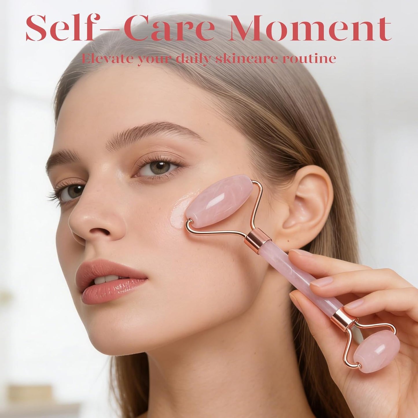 Icyme Rose Quartz Roller & Gua Sha Facial Tool Set for Depuffing | Cooling Face Roller for Lymphatic Massage,Sculpting Tool for Face, Eyes & Neck, Skin Care Gifts for Women,Spa & Travel Use