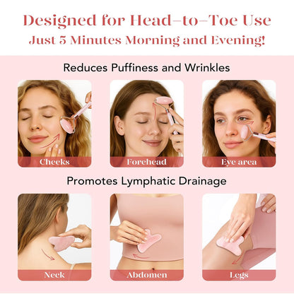 Icyme Rose Quartz Roller & Gua Sha Facial Tool Set for Depuffing | Cooling Face Roller for Lymphatic Massage,Sculpting Tool for Face, Eyes & Neck, Skin Care Gifts for Women,Spa & Travel Use