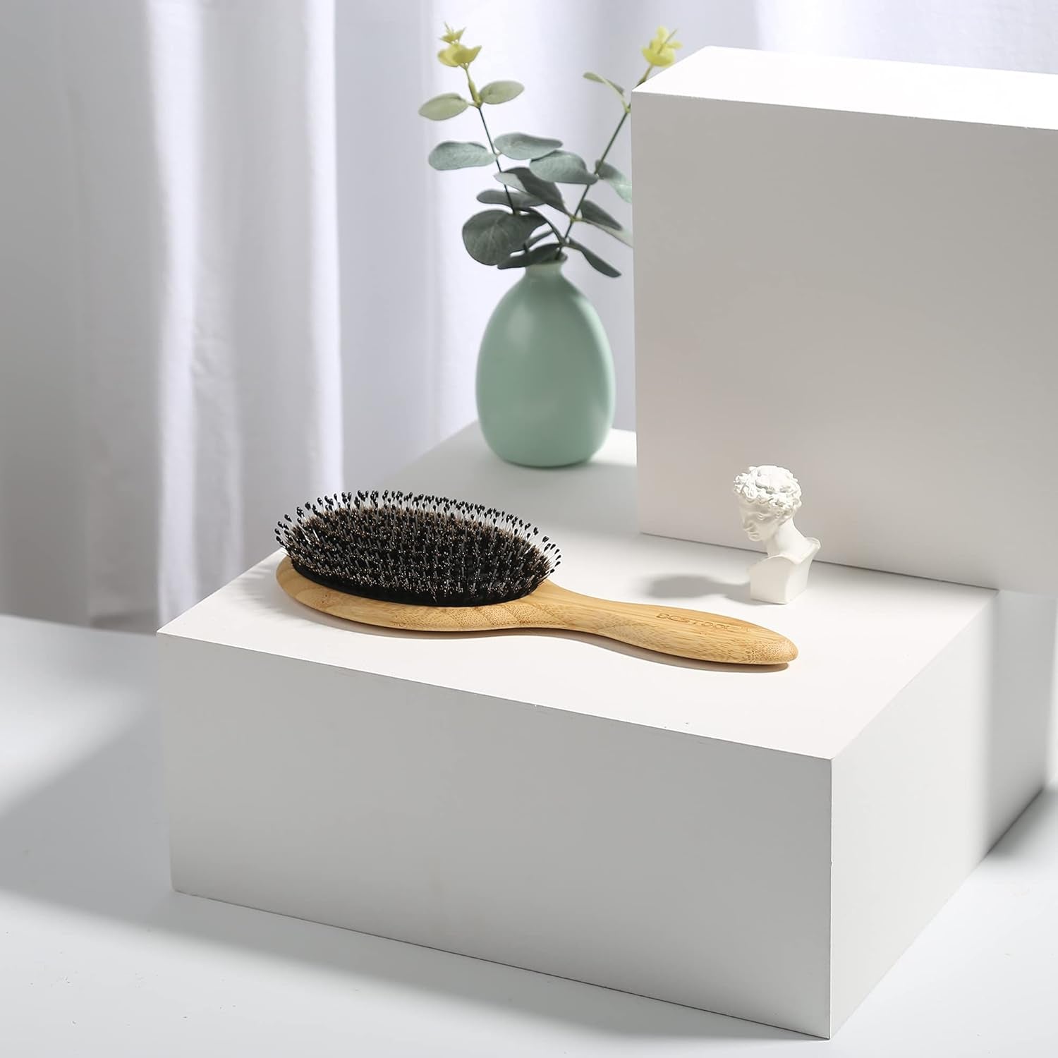 Hair Brush-Boar Bristle Hair Brushes Natural Bamboo Wooden Cushion Massage anti Static Large Paddle Hairbrush for Women Men and Kid (Round)