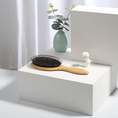 Hair Brush-Boar Bristle Hair Brushes Natural Bamboo Wooden Cushion Massage anti Static Large Paddle Hairbrush for Women Men and Kid (Round)