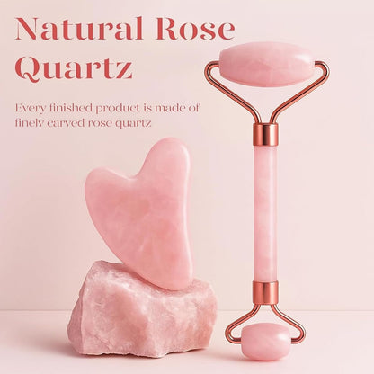 Icyme Rose Quartz Roller & Gua Sha Facial Tool Set for Depuffing | Cooling Face Roller for Lymphatic Massage,Sculpting Tool for Face, Eyes & Neck, Skin Care Gifts for Women,Spa & Travel Use