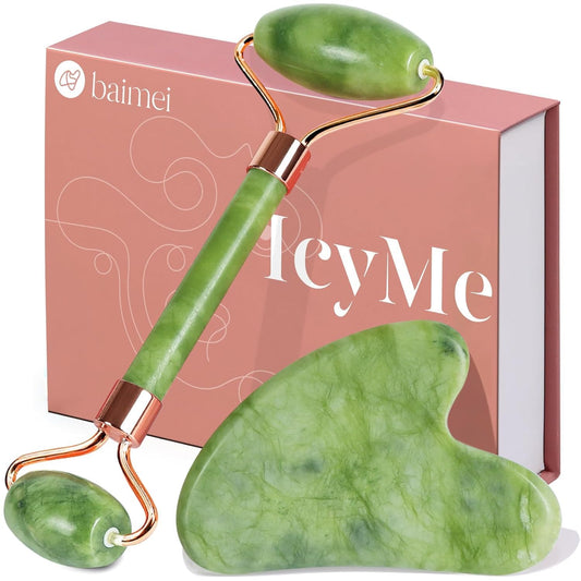 Icyme Gua Sha & Jade Roller Set for Facial Sculpting and Relaxation | Cooling Face Roller & Guasha Tool for Face Lymphatic Drainage, Depuffing, Jawline Definition, Skin Care Gifts for Women–Green