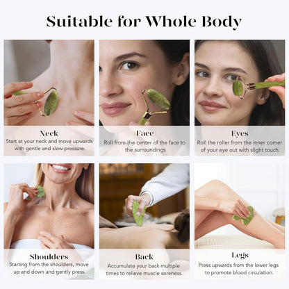 Icyme Gua Sha & Jade Roller Set for Facial Sculpting and Relaxation | Cooling Face Roller & Guasha Tool for Face Lymphatic Drainage, Depuffing, Jawline Definition, Skin Care Gifts for Women–Green