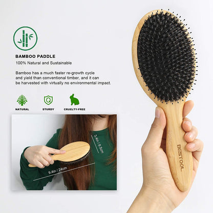 Hair Brush-Boar Bristle Hair Brushes Natural Bamboo Wooden Cushion Massage anti Static Large Paddle Hairbrush for Women Men and Kid (Round)