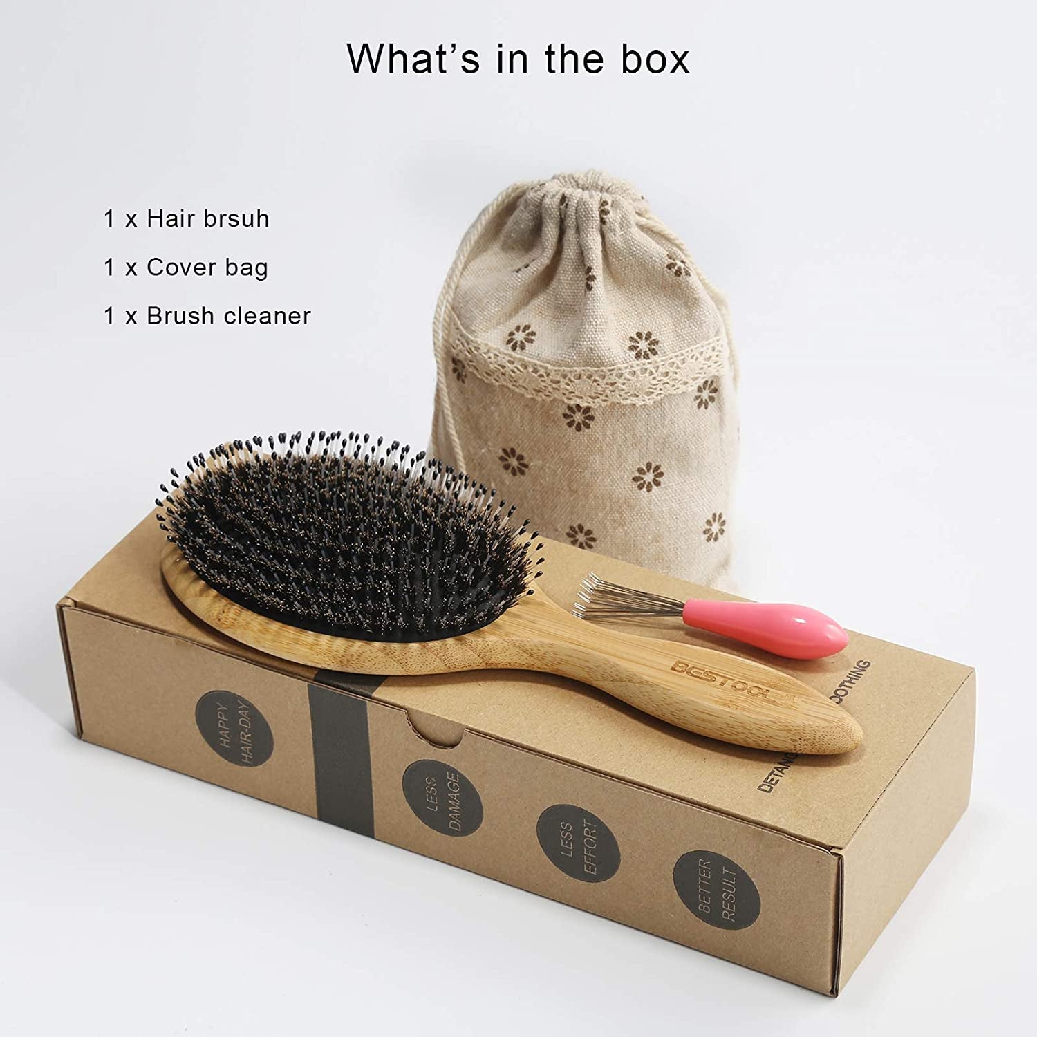 Hair Brush-Boar Bristle Hair Brushes Natural Bamboo Wooden Cushion Massage anti Static Large Paddle Hairbrush for Women Men and Kid (Round)