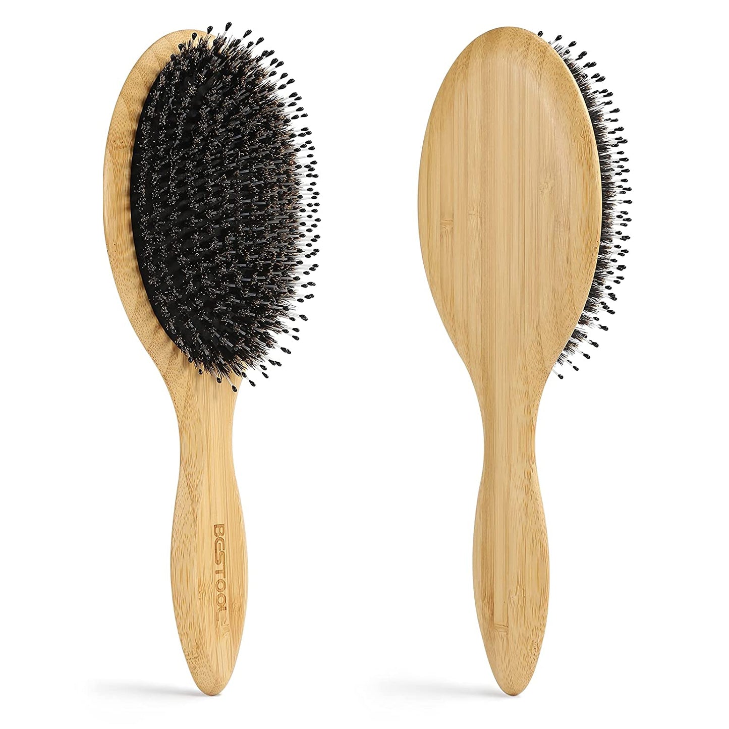 Hair Brush-Boar Bristle Hair Brushes Natural Bamboo Wooden Cushion Massage anti Static Large Paddle Hairbrush for Women Men and Kid (Round)