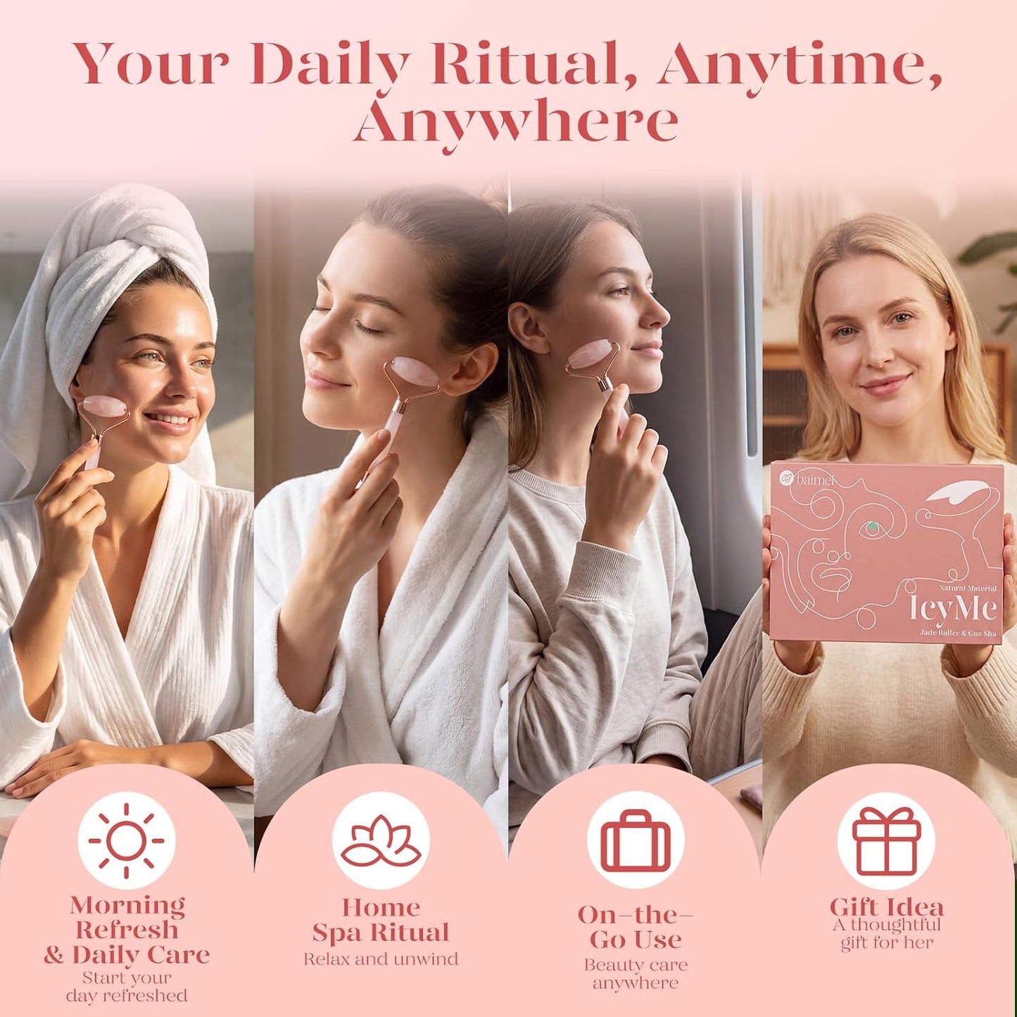 Icyme Rose Quartz Roller & Gua Sha Facial Tool Set for Depuffing | Cooling Face Roller for Lymphatic Massage,Sculpting Tool for Face, Eyes & Neck, Skin Care Gifts for Women,Spa & Travel Use