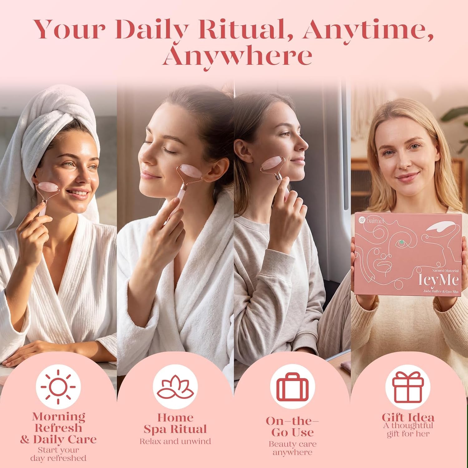 Icyme Rose Quartz Roller & Gua Sha Facial Tool Set for Depuffing | Cooling Face Roller for Lymphatic Massage,Sculpting Tool for Face, Eyes & Neck, Skin Care Gifts for Women,Spa & Travel Use