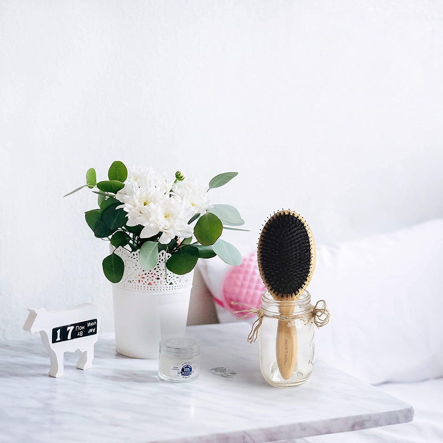 Hair Brush-Boar Bristle Hair Brushes Natural Bamboo Wooden Cushion Massage anti Static Large Paddle Hairbrush for Women Men and Kid (Round)