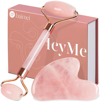 Icyme Rose Quartz Roller & Gua Sha Facial Tool Set for Depuffing | Cooling Face Roller for Lymphatic Massage,Sculpting Tool for Face, Eyes & Neck, Skin Care Gifts for Women,Spa & Travel Use