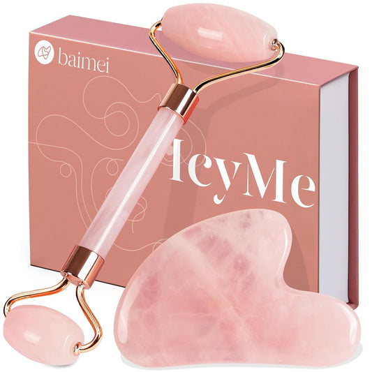 Icyme Rose Quartz Roller & Gua Sha Facial Tool Set for Depuffing | Cooling Face Roller for Lymphatic Massage,Sculpting Tool for Face, Eyes & Neck, Skin Care Gifts for Women,Spa & Travel Use
