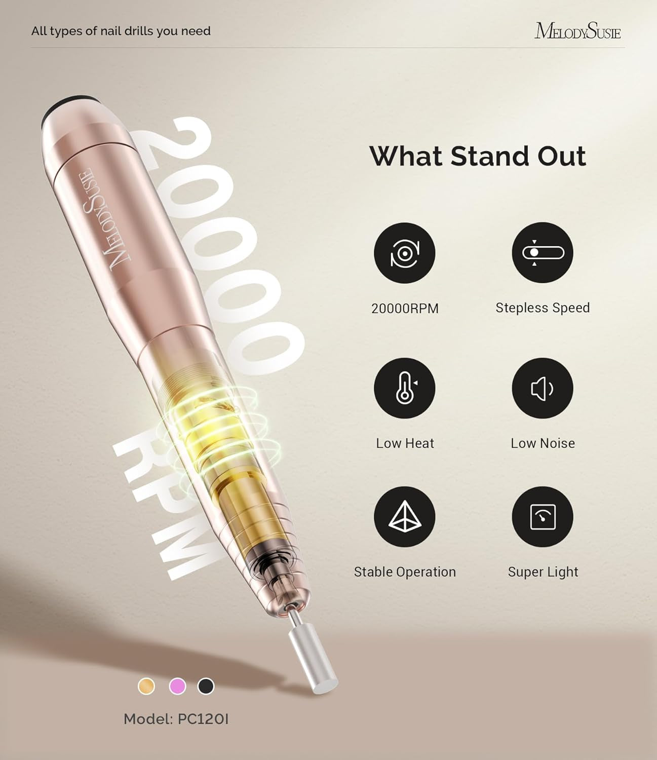 USB Nail Drill PC120I for Gentle Nail Prep | 20000RPM, Adjustable Speed, Forward/Reverse, Inline Control, Cuticle Smoothing, Gel Polish Removal, Beginners