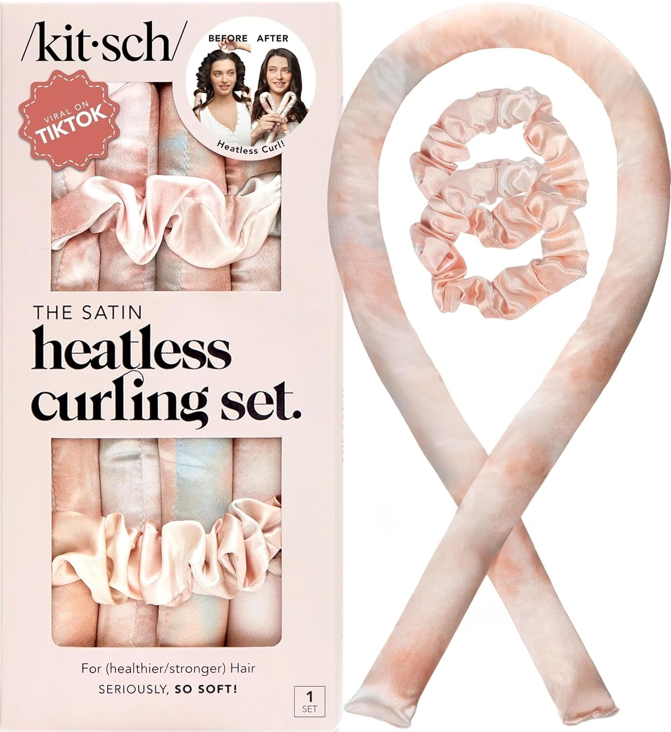 Satin Heatless Curls Overnight Set - Sunset Tie Dye | No Heat Damage Overnight Curls | Comfortable Frizz Free Hair Curlers to Sleep in with 34" Hair Waver & 2 Satin Scrunchies