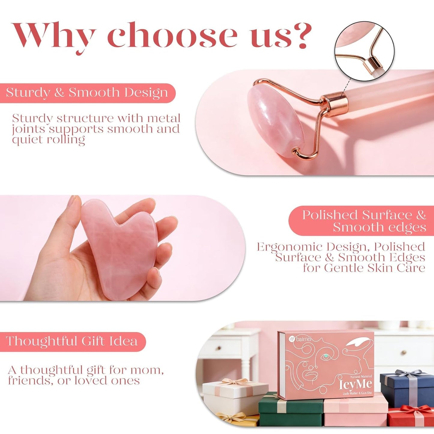 Icyme Rose Quartz Roller & Gua Sha Facial Tool Set for Depuffing | Cooling Face Roller for Lymphatic Massage,Sculpting Tool for Face, Eyes & Neck, Skin Care Gifts for Women,Spa & Travel Use