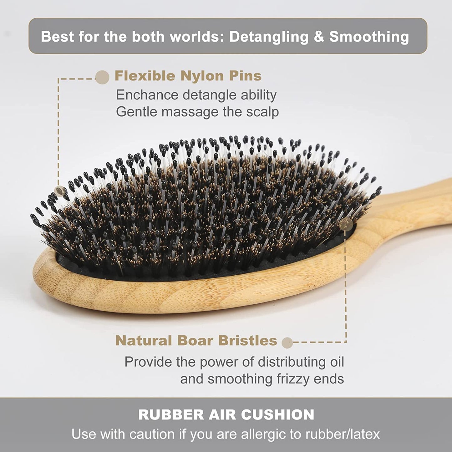 Hair Brush-Boar Bristle Hair Brushes Natural Bamboo Wooden Cushion Massage anti Static Large Paddle Hairbrush for Women Men and Kid (Round)