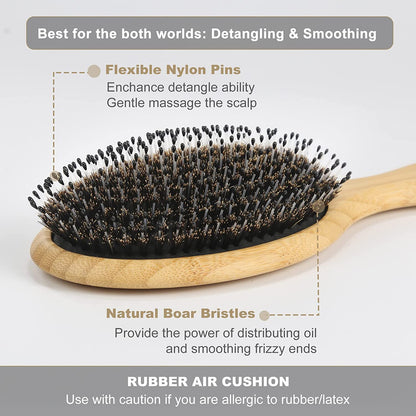 Hair Brush-Boar Bristle Hair Brushes Natural Bamboo Wooden Cushion Massage anti Static Large Paddle Hairbrush for Women Men and Kid (Round)