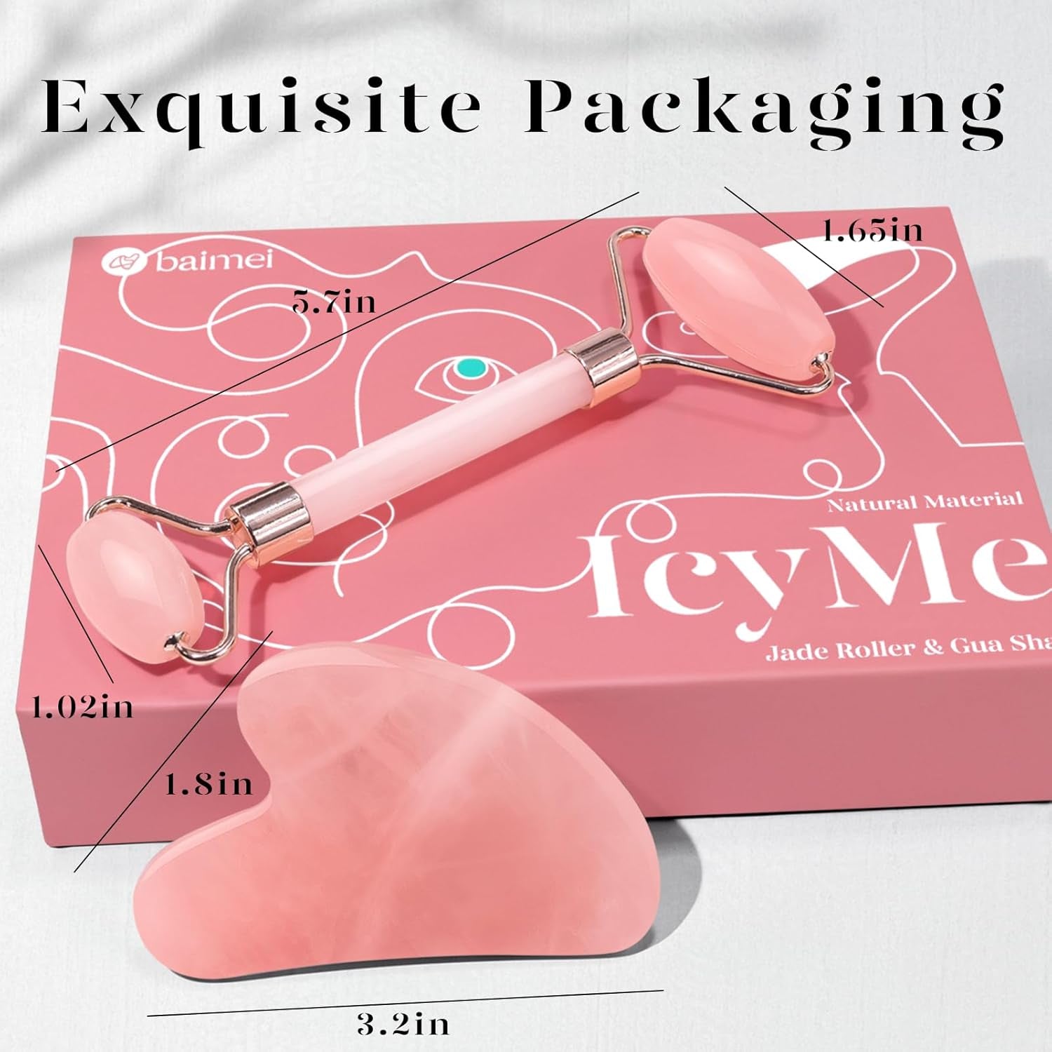 Icyme Rose Quartz Roller & Gua Sha Facial Tool Set for Depuffing | Cooling Face Roller for Lymphatic Massage,Sculpting Tool for Face, Eyes & Neck, Skin Care Gifts for Women,Spa & Travel Use
